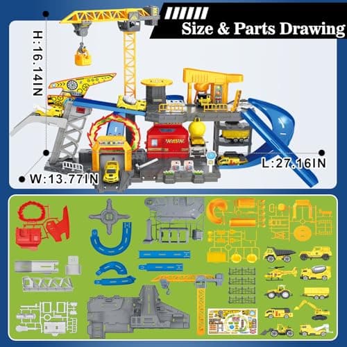 Frontoytall Construction Vehicles Track Set with Excavator, Dump Truck, Cement Truck, Wheel Loader & Rotating Crane, Interactive STEM Building Toy for Kids Ages 3-12 - Thumbnail 6