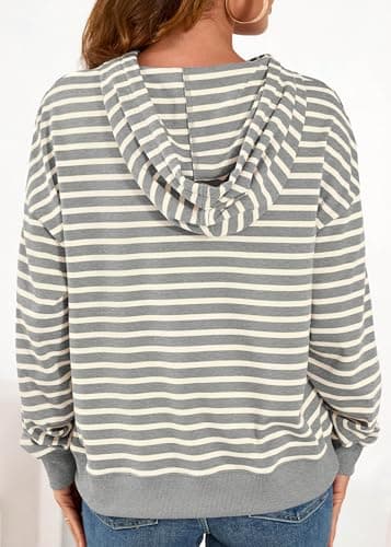 KIRUNDO Sweatshirt For Women Casual Loose Striped Long Sleeve Drawstring Hoodie Pullover Hooded Tops Fashion Clothing(Grey, Medium) - Thumbnail 2