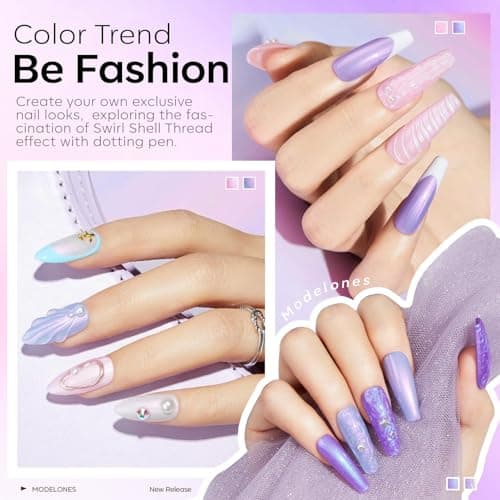 Modelones Gel Nail Polish, 6 Colors 2026 Spring Pastel Shimmer Pearl White Pink Purple Mermaid Nail Drawing Glitter Gel Polish with Dotting Pen Soak Off LED Swirl Shell Thread Effect DIY Nail Art Gift - Thumbnail 3