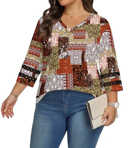 Lastshe Women Plus Size Tops 3/4 Length Sleeve Dressy Casual Blouses V Neck T Shirts Summer Clothes for 2026 Trendy,Mixed Color Blocks,3X - Image 1
