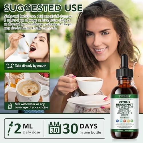 Red Rice Yeast for Cholesterol Support - High Absorption Cholesterol Support Blend with Red Rice Yeast Extract Liquid, Soursop Drops, Garlic, Olive Leaf, Citrus Bergamot & Vitamin C D3 - 2 Fl Oz (1) - Thumbnail 6