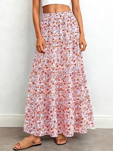 BTFBM Floral Maxi Skirts for Women Summer Spring 2026 Elastic Waist Tiered Flowy Beach Vacation Boho Midi Long Skirt(Floral White Orange, XX-Large) - Thumbnail 2