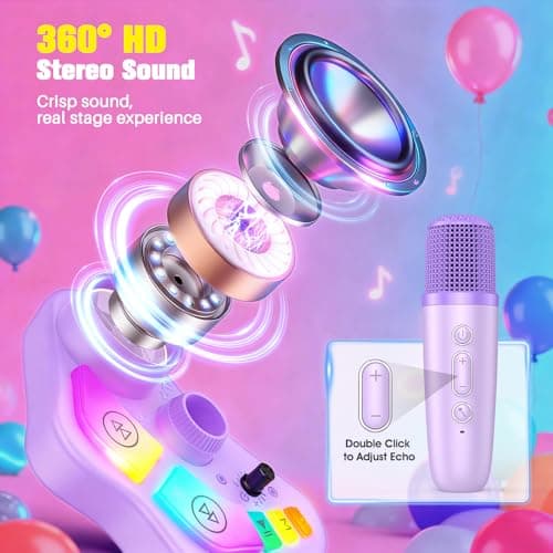Stand Karaoke Machine for Kids, Singing Toys Gifts for 3 4 5 6 7 8 Year Old Girls Boys, Rechargeable Kid Microphone Bluetooth Speaker with 2 Wireless Mic for Girl Age 4-6 Toddler Birthday Party Toy - Thumbnail 6