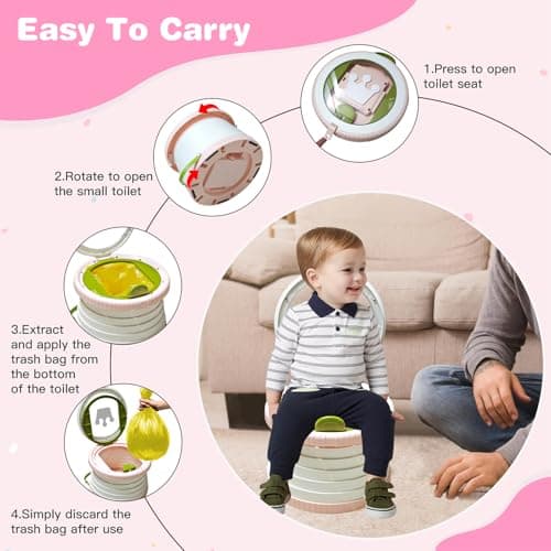 2025 Upgraded Portable Potty Training, Foldable Toilet,Travel Potty for Toddler, Apply to Seat Emergency Toilet for Camping, Outdoor, Car, Indoor, Including 3 rolls of garbage bags (White-Pink) - Thumbnail 5
