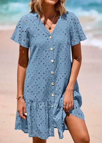 KIRUNDO Eyelet Dresses for Women 2026 Spring Summer Short Sleeve Button Down Loose Mini Babydoll Dress Beach Vacation Clothes(Grey Blue, Medium) - Thumbnail 5