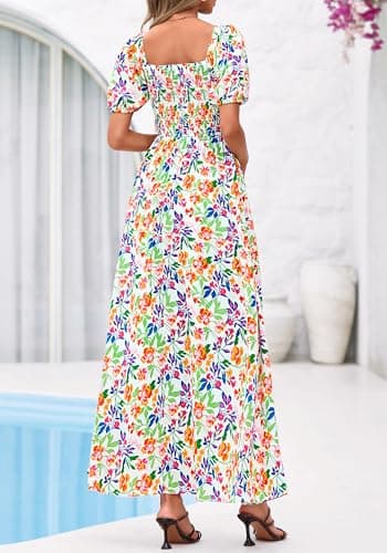 BTFBM Womens Spring Summer Dresses 2026 Square Neck Puff Short Sleeve Smocked Floral Boho Beach Wedding Guest Maxi Dress(Floral Light Green Multi, Large) - Thumbnail 3