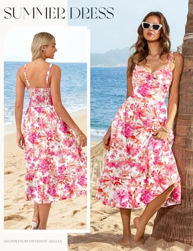 GRACE KARIN Womens Summer Casual Dress Floral Spaghetti Strap Midi Dresses Beach Vacation Sundresses Floral White Pink M - Thumbnail 2