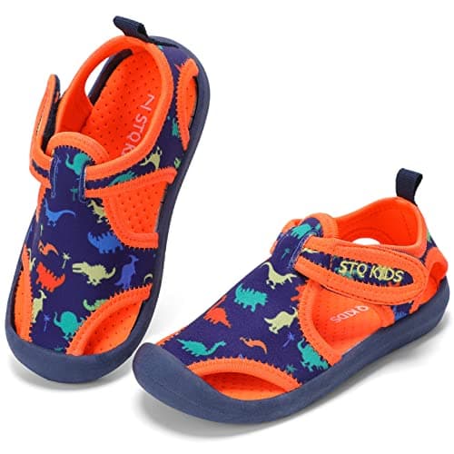 STQ Toddler Sandals Boys Quick Dry Slip On Aqua Beach Swim Pool Water Shoes Navy Orange Dinosaur 5 M US Toddler - Image 1