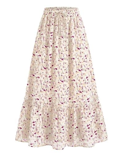 BTFBM Womens Boho Maxi Skirt 2026 Summer Floral High Waisted Flowy Tiered Long Spring Beach Vacation Skirts Pockets(Floral White Purple, Medium) - Image 1