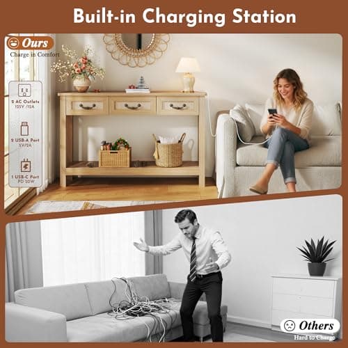 HUAHUU 47.2" Console Table with 3 Rattan Drawers, Long Sofa Table with Storage Behind Couch, Modern Entryway Table with Power Outlet & Open Shelf for Entrance/Hallway/Foyer/Living Room, Natural - Thumbnail 4