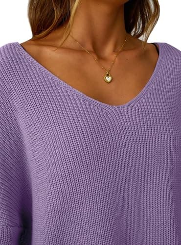 GKBK Women's V Neck Oversized Sweaters Off The Shoulder Long Sleeve Sweatshirt Loose Fit Lightweight Soft Pullover Fall Fashion Outfits 2026 Trendy Purple - Thumbnail 5