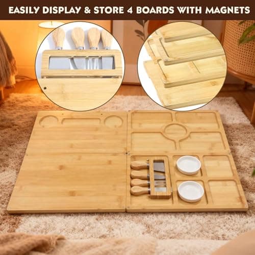 Bamboo 4 Piece Charcuterie Platter - Cheese Board Knife Set, Wooden Dinner Plate and Knife Set with Knife Holder, Suitable for Personalized Gifts Weddings, Housewarming, Birthdays, Christmas - Thumbnail 4