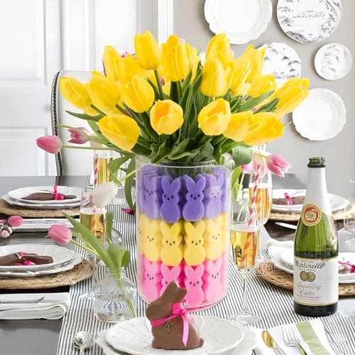 ORIENTAL CHERRY Easter Decorations - Easter Peeps Decor - 15 Artificial Tulips with 45 Bunnies Vase Filler Set, Spring Home Indoor Decoration Centerpieces for Tables - Thumbnail 5