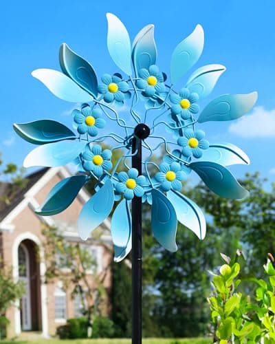 Cyan Oasis Wind Spinners Outdoor, Large Metal Garden Wind Spinners with Stake, Kinetic Windmill for Yard, Lawn, Patio, Backyard, Gift Ideas for Garden Lovers (15'' W x 71'' H) - Image 1
