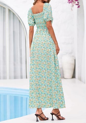 BTFBM Spring Summer Dresses for Women 2026 Puff Short Sleeve Smocked Floral Print Boho Beach Wedding Guest Maxi Dress(Light Green Flower, Small) - Thumbnail 3