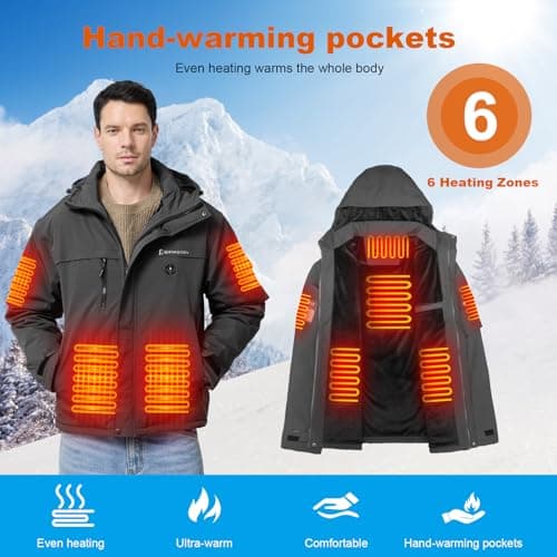 Brimekey Heated Jackets for Men with Fleece Lining, 20000mAh 7.4V Battery Pack Men's Heated Coat, 6 Heating Zones Windproof Waterproof Electric Hoodie Jacket Skiing Hunting - Thumbnail 3