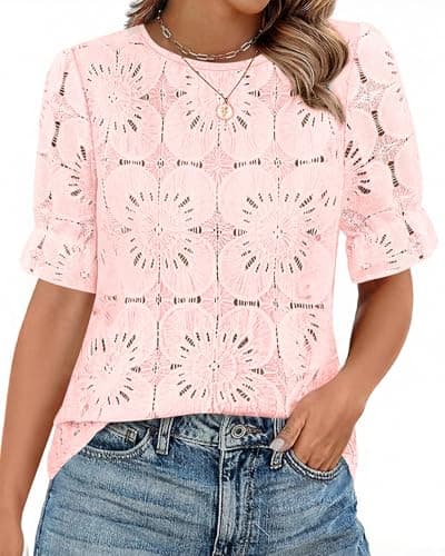 KIRUNDO Lace Tops for Women Blouses Dressy Casual Boho Eyelet Puff Short Sleeve Shirts Spring Summer Clothes Vacation Outfits(Pink, Medium) - Image 1