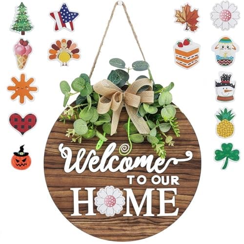 Interchangeable Welcome Sign for Front Door - Rustic Wood Wreath, Farmhouse Porch Hanging for Housewarming Gifts, New Home, Front Door & Porch Decor (12in Round) - Image 1
