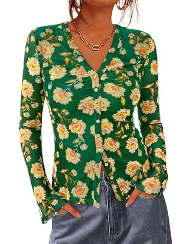 BTFBM Button Down Shirts for Women 2026 Spring Boho Tops V Neck Long Sleeve Blouses Ruched Mesh Fitted Fashion Clothing(Army Green, XX-Large) - Image 1