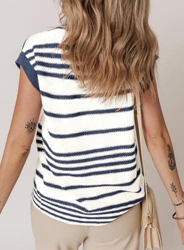 Dokotoo Womens Vest Striped V Neck Button Vest for Women Going Out Tops Sweater Vest Knit Cardigan Sweaters for Women Blue XX Large - Thumbnail 2