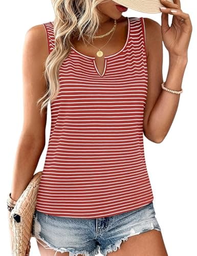 JUSTFASHIONNOW Striped Tank Top for Women Sleeveless Blouses Dressy Casual V Neck Business Shirts Cute Summer Tops Trendy Outfits(Striped Red, Small) - Image 1