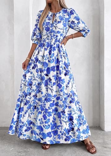 KIRUNDO Women Summer Beach Vacation Wedding Guest Dresses 2026 Spring Boho Floral 3/4 Sleeve Loose Cruise Flowy Maxi Dress(Blue, Small) - Thumbnail 3
