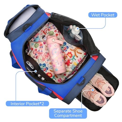 WOOMADA Kids Travel Bag with Shoe & Wet Pockets, Carry On Duffle Bag for Overnight Trips, Sports, School(navy blue) - Thumbnail 4