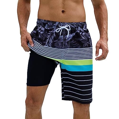 Arcweg Mens Swim Trunks with Compression Liner 9 inch 2 in 1 Shorts Big and Tall,Quick Dry, Black Stripe Printing - Image 1
