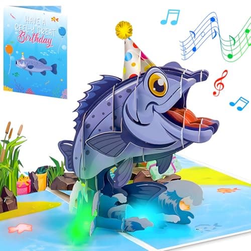mountova Musical Pop Up Birthday Cards for Men Women Kids, Funny 3D Jumping Fish Singing Happy Birthday Song Greeting Card with Lights, Birthday Gifts for Dad Husband Son Fisherman Friends - Image 1