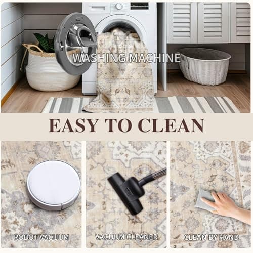 Area Rug 8x10 for Living Room Soft Machine Washable Low Pile Area Rugs Vintage Boho Bedroom,Dinner Room Non-Slip Carpet Rug - Beige - Thumbnail 3