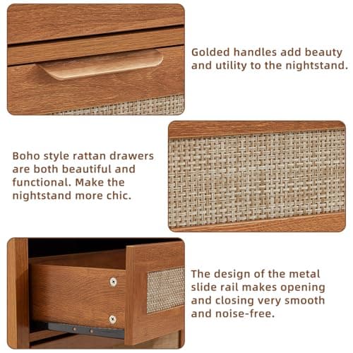 LEYAOYAO 31.5" Wide Rattan Night Stand with Charger Station, Large Boho 3 Drawer Nightstand, Teac Brown Bedside Table with Storage, 30" Tall Bed Side End Tables for Bedroom, Living Room, Hallway - Thumbnail 6