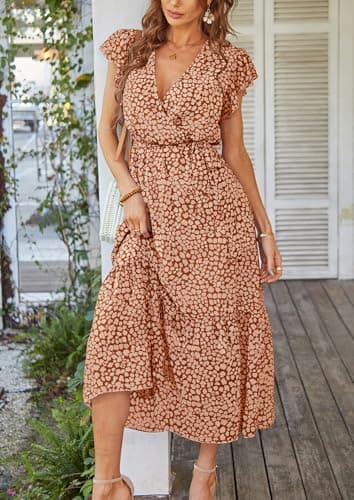 PRETTYGARDEN Women's Summer Floral Boho Dress Wrap V Neck Short Sleeve Ruffle A-Line Flowy Maxi Wedding Guest Dresses (Coffee,Small) - Thumbnail 2