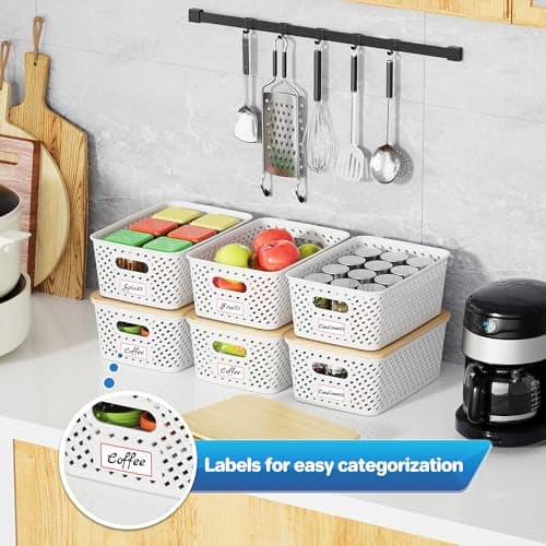 Anysig 8 Packs Plastic Storage Bins with Bamboo Lids - Stackable Storage Bins Decorative Small Basket Containers for Organizing Shelves Office Classroom Desktop Closet, Cream White - Thumbnail 5