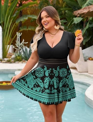 Arolina Swimsuits for Curvy Women Tankini Bathing Suits Swim Dress Swimwear Curvy Full Coverage Bathing Suit Black Paisley - Thumbnail 4