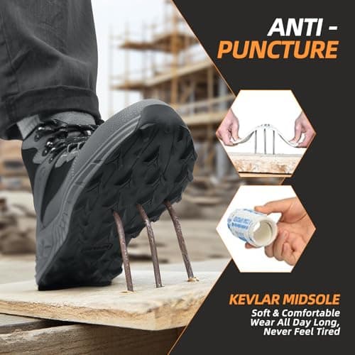 Steel Toe Work Boots for Men Non Slip Puncture Proof Safety Work Shoes for Men with Indestructible Construction Comfortable Perfect for Outdoor, Hiking, Construction Black 7 - Thumbnail 4