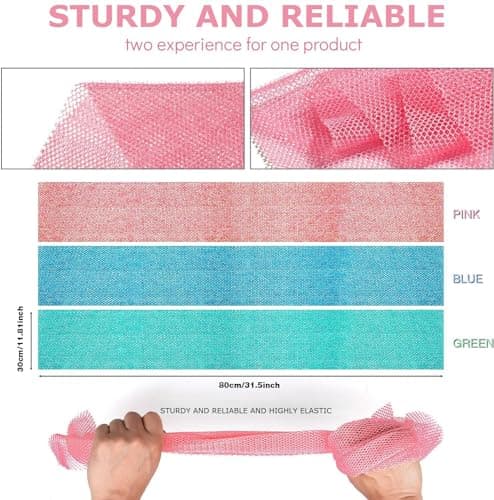 UJFQBH 3 Pieces African exfoliating net African Net Long Net Bath Sponge Exfoliating Shower Body Scrubber Back Scrubber Skin Smoother,Great for Daily Use (Pink, Blue, Green) - Thumbnail 3
