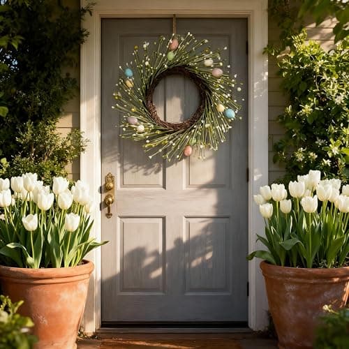 HipTree 16 Inch Farmhouse Easter Wreath for Front Door, Artificial Pastel Spring Wreath with Mini Easter Eggs, Handcrafted Wreaths for Entryway Mantel Window Indoor Outdoor Decorations - Thumbnail 6