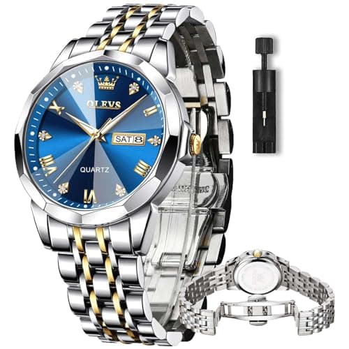 OLEVS Watch Men Blue Face Gold and Silver Stainless Steel Dress Luxury Watches for Men Two Tone Wrist Waterproof Fancy Quartz Analog Diamond Mens Watches Relojes para Hombres - Image 1
