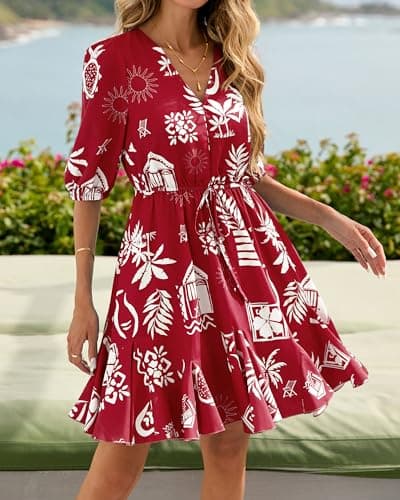 BTFBM Women Summer Spring Floral Boho Dress 2026 V Neck Short Sleeve Ruffle Beach Vacation Clothes Wedding Guest Dresses(Floral Burgundy White, Medium) - Thumbnail 4