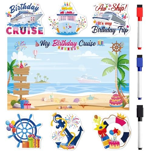 Birthday Cruise Door Magnets Decorations, 7 Pcs Colorful Cartoon Seaside Vacation Birthday Cruise Magnets, Fun Magnetic Ship Cabin Door Signs, with 3 Pcs Pens - Image 1
