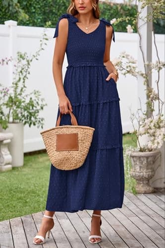 Okiwam Womens Summer Dresses 2026 Sleeveless Tie Strap Maxi Long Flowy Beach Sundresses Boho Swiss Dot Spring Wedding Guest Dress-S Navy - Thumbnail 4