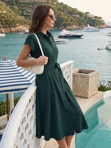 GRACE KARIN Womens Short Sleeve Shirt Dresses 2026 Summer Midi Button Down Dress Work Business Casual Dress with Pockets Dark Geen S - Thumbnail 3