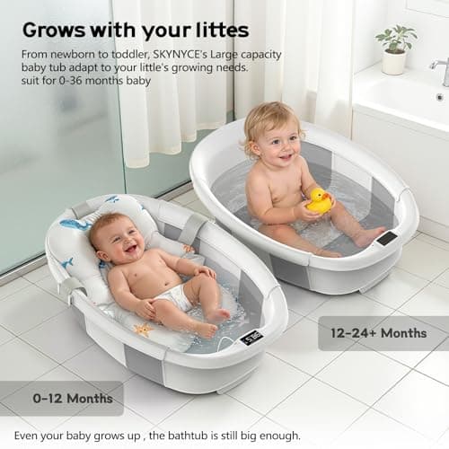 Collapsible Baby Bathtub for Newborn to Toddlers 0-36 Months, Large Baby Tub with Thermometer & Cushion, Easy Setup Foldable Travel Infant Bathtub, Newborn Babies Boy Girl Bath Tubs Grey - Thumbnail 3