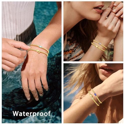 Turandoss Heart Initial Bracelets for Women - 14K Gold Plated Waterproof Birthstone Beaded Bracelets with Initial P Stackable, Dainty Created Blue Aquamarine Charm Jewelry Gifts - Thumbnail 4