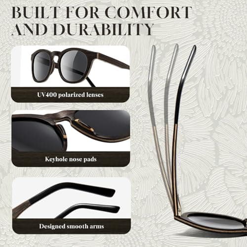 SUNGAIT Walnut Wood Sunglasses with Vegan Leather Case Thoughtful Gifts for Men Women Black Polarized Lens UV400 Protection(Black Oak Maple Frame/Black Lens) - Thumbnail 4