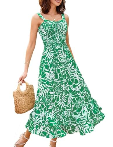 GRACE KARIN Women's 2025 Summer Floral Boho Dress Square Neck Strapped Swing A Line Sundress Beach Long Maxi OutfitsGreen Floral L - Image 1