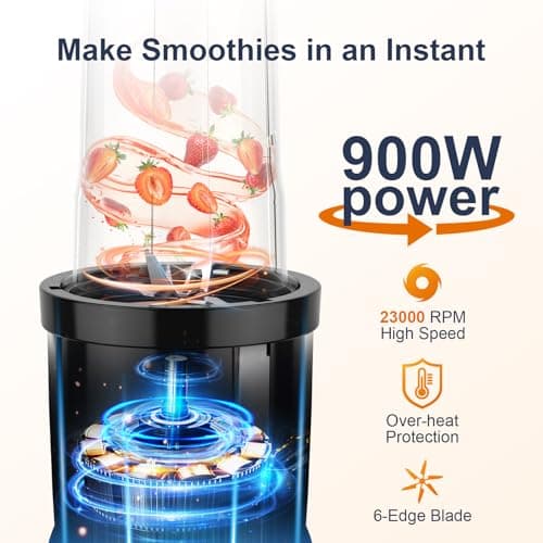KOIOS Smoothie Blender, 900W Personal Blender for Shakes and Smoothies for Kitchen with 2 Portable Cups 22oz, Single Serve Smoothies Maker Mixer for Juices, Nutritious Recipe, Grey Blue - Thumbnail 2