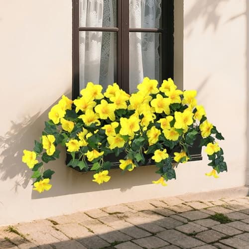 BSMYBO 2Pcs Artificial Hanging Flowers for Outdoors, Fake Outdoor Flowers Faux Petunias Silk Flowers for Outdoor planters UV Resistant for Home Garden Balcony Yard Porch Patio Decor (Yellow) - Thumbnail 5