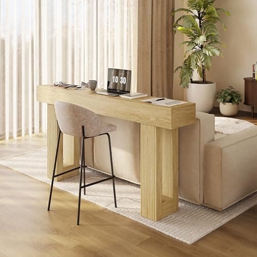 63"L x 33"H x 12"D Console Table, Ribbed Fluted Entryway Table, Japandi Thick Wood Design Oak Sofa Table Behind Couch, Scandi Wood Texture Hallway Entrance Table Valentine's Day, Natural Oak - Thumbnail 5