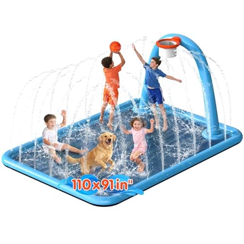 Instraella Splash Pad for Kids, 110 x 91'' Large 2-in-1 Sprinkler Mat with Basketball Hoop, Inflatable Splash Pad for Backyard Outdoor Water Play, Summer Water Toys for Boys and Girls - Image 1